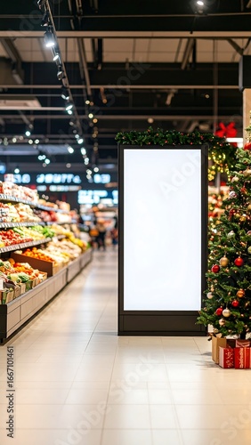 Supermarket Interior with Blank Digital Billboard, Christmas Decor, and Produce Displays.