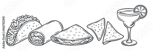 Mexican Food Line Art Vector Illustration: Taco, Burrito, Quesadilla, Nachos, Margarita for Restaurant Menu