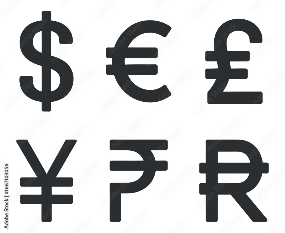 Obraz premium Global Finance Currency Symbols Collection Dollar Euro Pound Yen Rupee Rial Icons for International Business