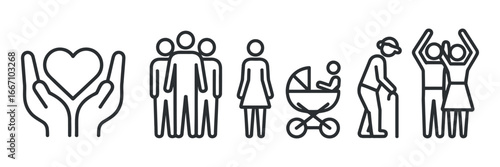 Community Support and Family Life Stages Icons Depicting Care, Togetherness, and Generational Progression