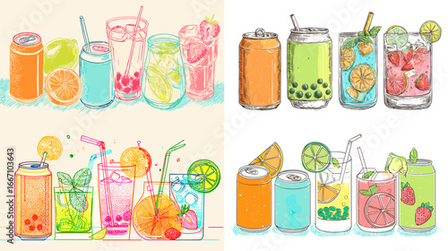 Hand-drawn illustration of colorful summer drinks, soda cans, and cocktails with fruit garnishes. Perfect for food design, menu, and beverage packaging.