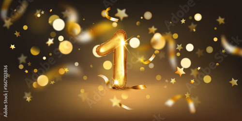 Golden balloon in the shape of the number 1, set against a dark background filled with soft bokeh lights and scattered golden stars and ribbons, creating a festive and celebratory atmosphere.