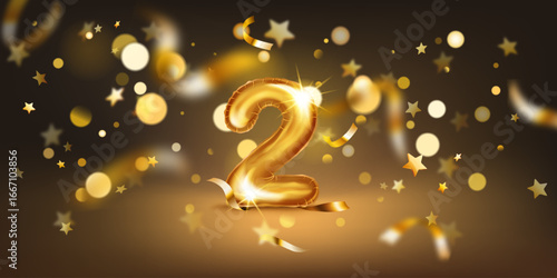 Golden balloon in the shape of the number 2, set against a dark background filled with soft bokeh lights and scattered golden stars and ribbons, creating a festive and celebratory atmosphere.