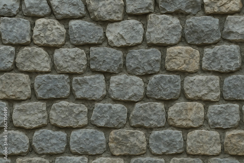 Close up view of a textured cobblestone wall with varying shades of gray and green