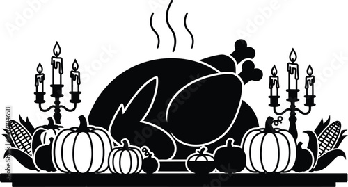 Thanksgiving turkey vector art of thanksgiving dinner with roasted turkey, pumpkins, and candles for a festive autumn celebration vector