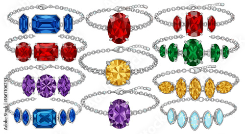 A collection of nine bracelets with various colored gems set in silver chains on a white background