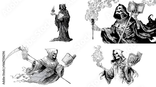 Dark ink illustrations of grim reaper holding scythe, book, and torch. Perfect for gothic, horror, tattoo, and fantasy artwork.