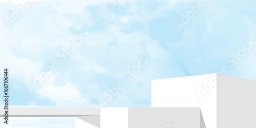 Stand cylindrical podium pedestal on sky blue, cloud background, Minimal mockup white, grey 3d abstract stage showcase platform for product display presentation of cosmetic, spa, beauty sale promotion