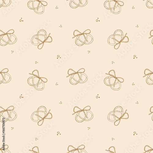 Vector seamless pattern with bagels and bows. Sweet seamless pattern with Christmas sweets and pastries. Golden bagels on beige pastel background. Vector illustration.