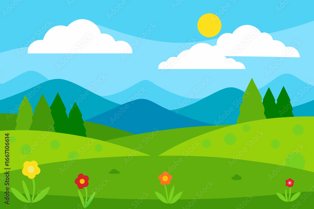 Fototapeta premium Bright sunny day over rolling green hills and mountains with flowers