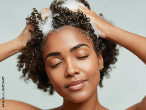 Young Attractive African Woman Shampooing, Hair Care Routine