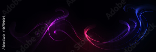 Abstract image featuring swirling lines of purple red and blue light against black background