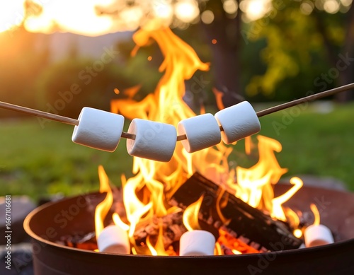 Marshmallows roasting over a campfire at sunset
