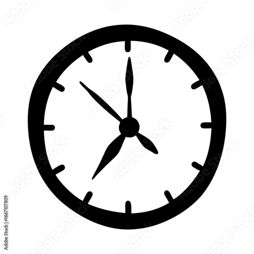 A simplistic representation of a clock face with three hands showing the time