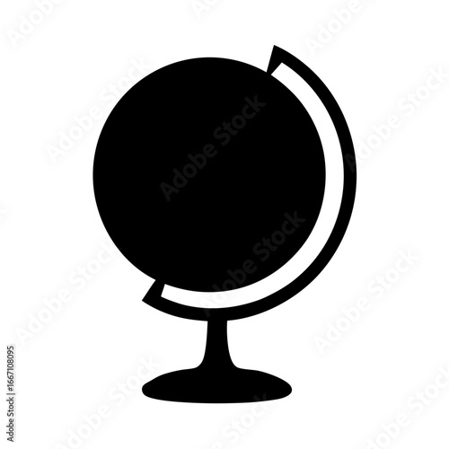 Simple black and white illustration of a world globe on a stand