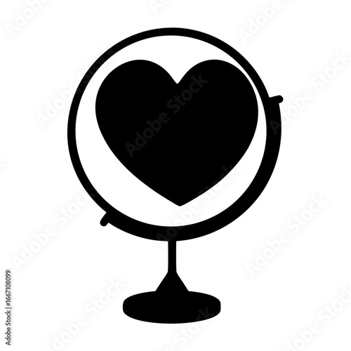 A globe with a heart shape in place of a landmass continent