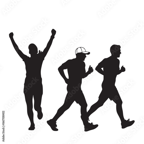 Marathon runners silhouette celebrating victory and demonstrating endurance and athleticism in a minimalist design on a white background showcasing competition and achievement