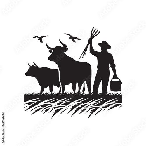 farmers cattle vector silhouette clip art logo design illustration