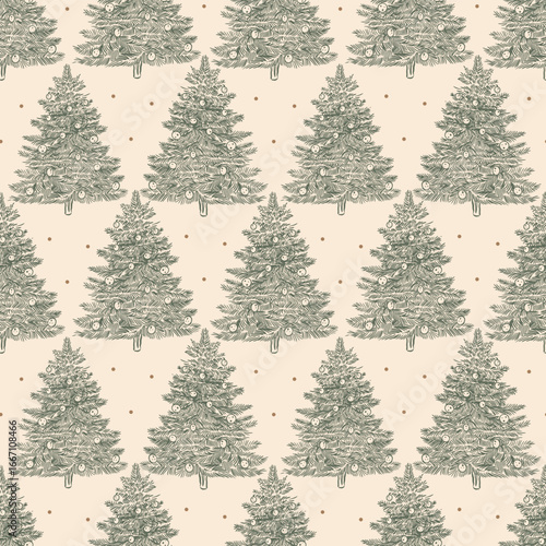 Vintage vector pattern of Christmas tree. New Year green pines on beige pastel background with golden stars. Christmas retro pattern. Vintage Christmas. Vector illustration.