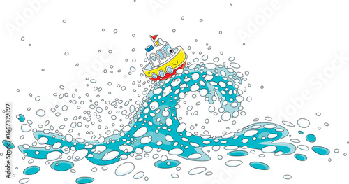Cute toy ship surfing on a ...
