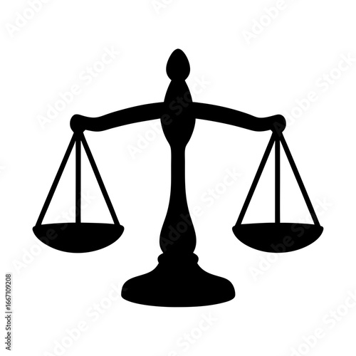 A black silhouette drawing of the Scales of Justice on white