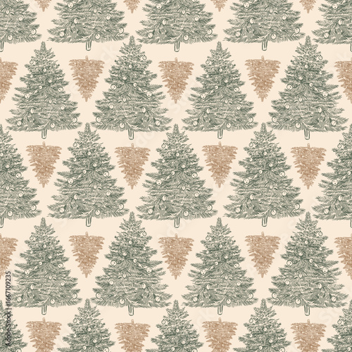 Vintage vector pattern of Christmas tree. New Year green and golden pines on beige pastel background. Christmas retro pattern. Vintage Christmas. Vector illustration.