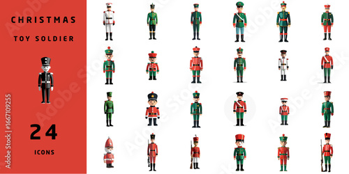 Collection of 24 Christmas toy soldiers in various shapes and colors