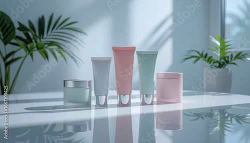 Elegant cosmetic tube mockup in pastel colors — luxury skincare packaging showcase on reflective surface