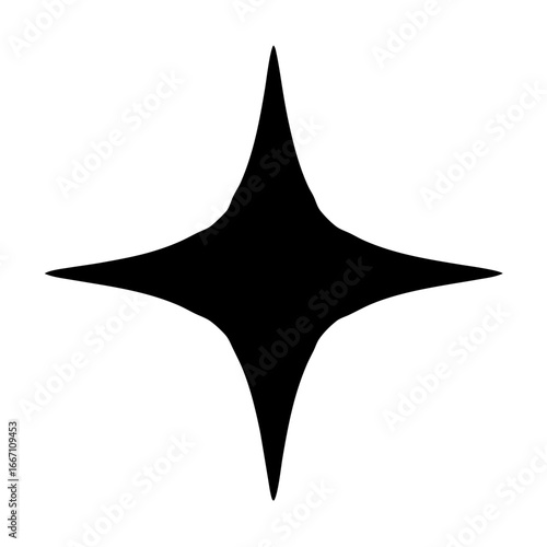 Black four pointed star with sharp ends on a white background