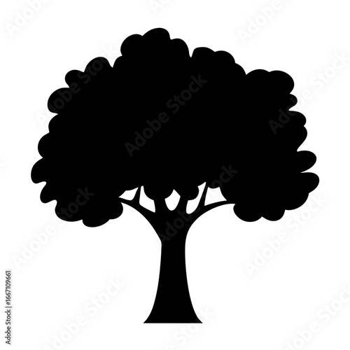 Stylized black silhouette of a tree with a full rounded canopy
