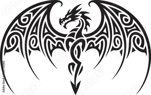 bold tribal dragon brand logo design with intricate celtic knot wings symmetrical vector badge