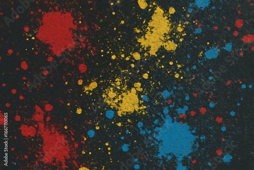 Vibrant abstract paint splatters on a dark textured background