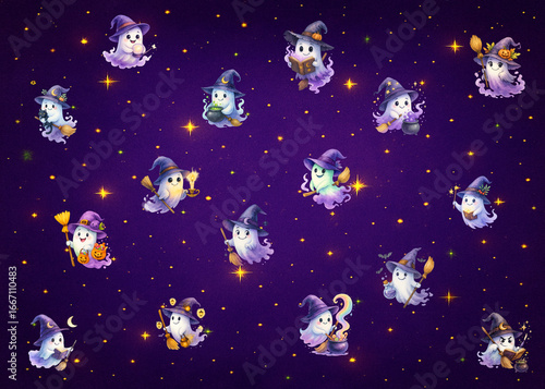 Cute Halloween ghost seamless pattern on purple background with stars. Cartoon spooky ghost in witch hat. Perfect for kids Halloween design, wrapping paper, textiles, party decor, scrapbooking.