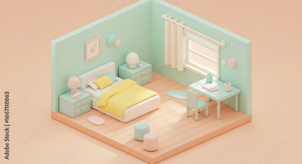 Fototapeta premium Minimalist Isometric Bedroom Scene with Pastel Colors and Soft Lighting Design, A Delightful and Calming Architectural Visualization for Design Inspiration