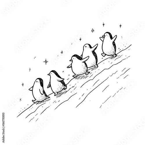 Penguin parade cute animal illustration antarctic wildlife drawing black and white line art vector image design
