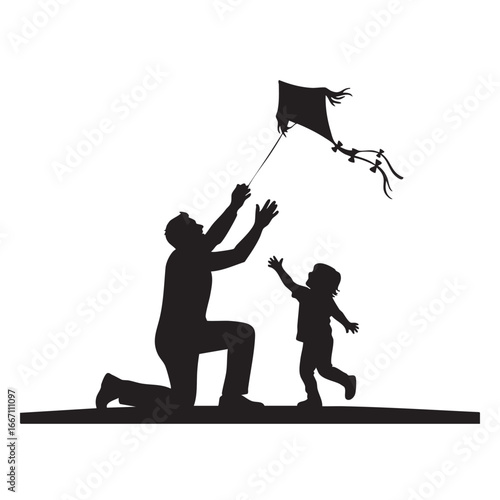 Father and Child Silhouette Flying Kite Together in Joyful Outdoor Activity bonding moment illustration