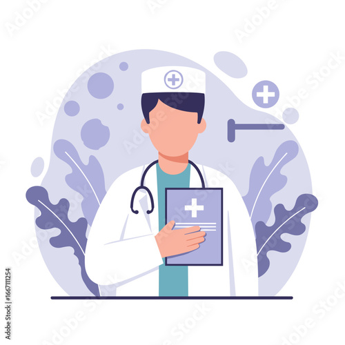 Doctor holding medical document with stethoscope in modern illustration  
