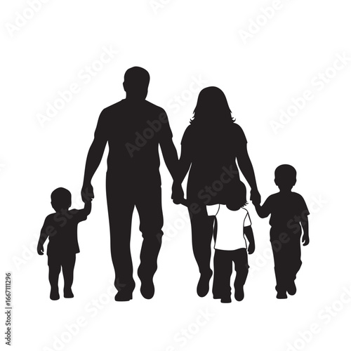 Silhouette of a Family Holding Hands Walking Together Father Mother and Two Children Unity and Love Concept Illustration on White Background