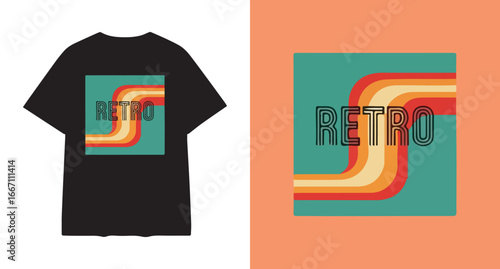 Retro 1970s style typography design on black t-shirt and separate graphic element