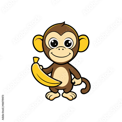 Cute cartoon monkey smiling and holding banana,
