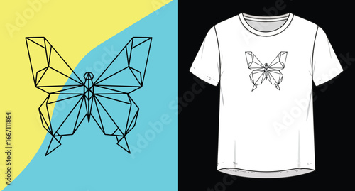 Geometric butterfly design adornment on a white t-shirt with vibrant yellow and blue gradient backdrop