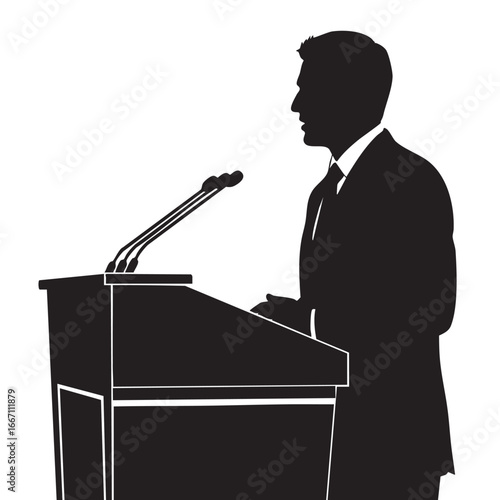 Silhouette of a speaker at a podium giving a speech illustration for business presentations leadership roles and public speaking engagement