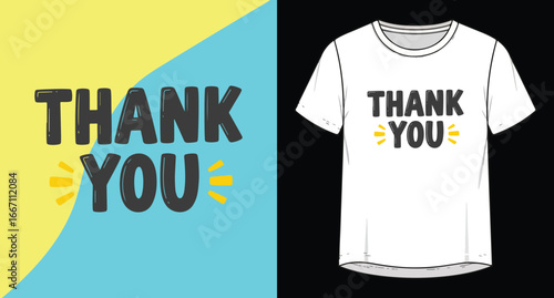 Express gratitude with "thank you" text and t-shirt mockup design on a vibrant diagonal background