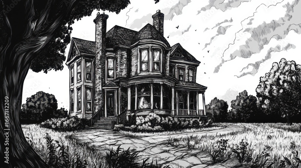 Obraz premium A monochrome illustration of a large house with trees and cloudy sky