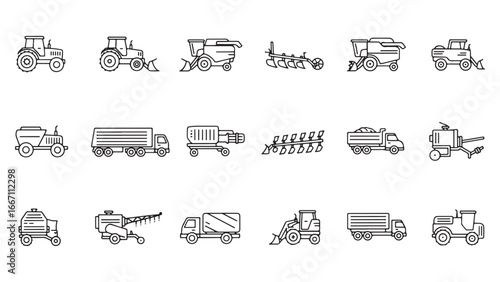 Vehicle agricultural forestry transport line icon set. Vector pictograms of skidder, trailer, irrigation, hose, seed, drill, grain, silage, fertilizer, livestock, thin linear illustration.