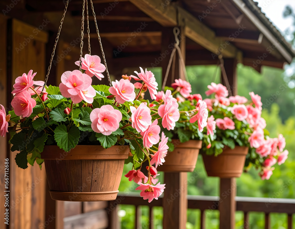 Fototapeta premium Hanging pink begonia flower pots decorate outdoor wood porch in summer