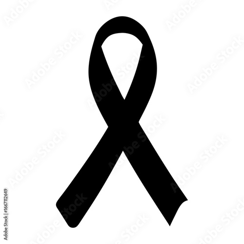 Single black ribbon symbol isolated on white background with simple design