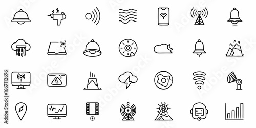 Versatile doodle icon set for interface design, weather updates, and technology themes, ideal for app development and creative digital projects, originally vector graphics