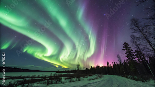 The aurora borealis illuminates the night sky in winter landscape