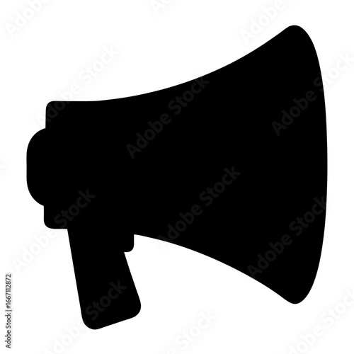 Stylized black silhouette of a megaphone on a plain white background